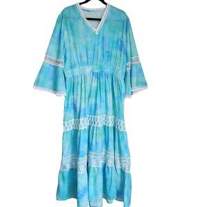 Queenspark Tiered Maxi Dress XL Boho Eyelet Crochet Lace Pastel Flare‎ Fringe